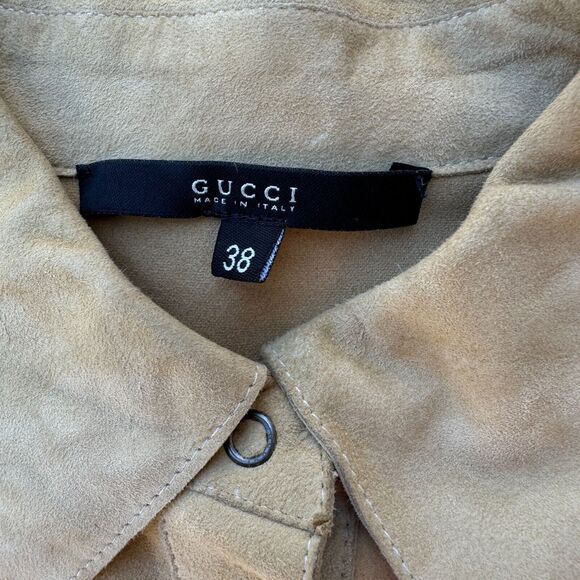 Gucci Suede blouse button snap Size 38 Women's Tailored Fit western classic tan - Picture 7 of 11